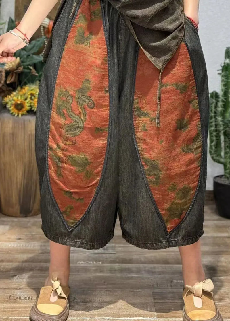Retro Print Splicing Style Cotton Crop Pants Summer