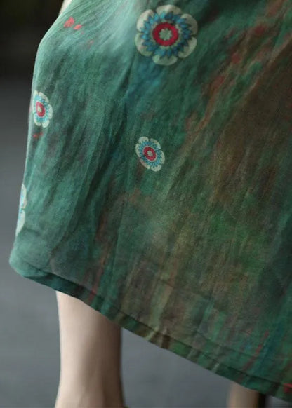 Orange Red Print Ramie Elastic Waist Skirt