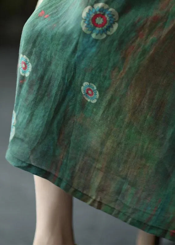 Green Texture Print Ramie Elastic Waist Skirt