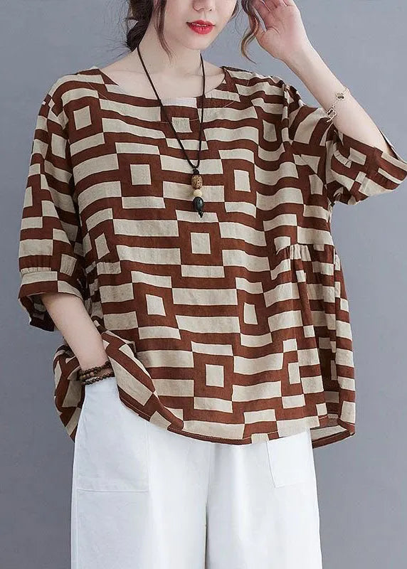 Organic Coffee O-neck Print Patchwork Cotton T Shirt Summer