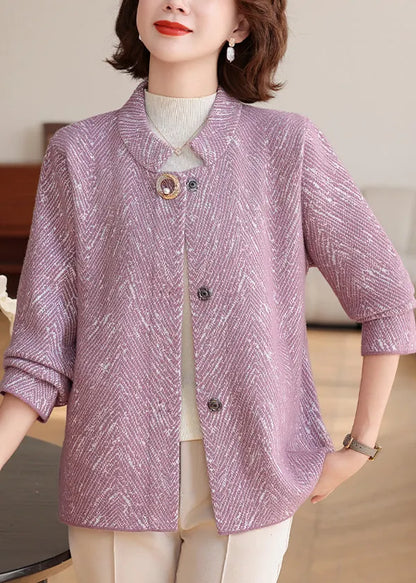 New Purple O-neck Patchwork Knit Cardigan Fall