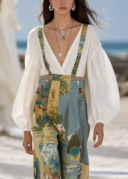 Sky Blue Print Oversized Cotton Jumpsuit Summer