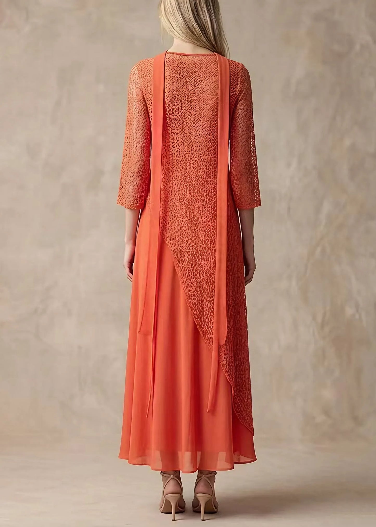 Orange Asymmetrical Lace Long Smock and Chiffon Dress 2 Piece Outfit Summer
