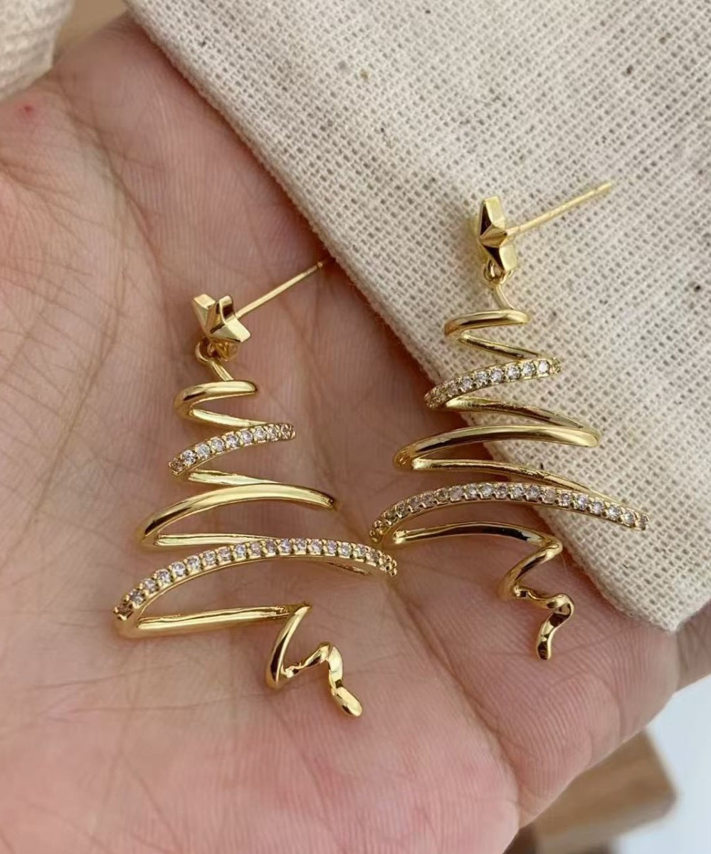 Unique Gold Copper Overgild Zircon Christmas Tree Asymmetrical Line Hoop Earrings