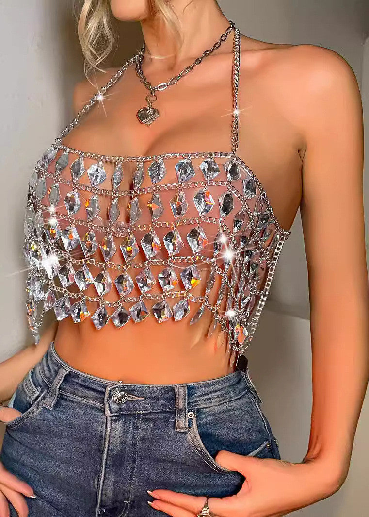 Handmade Hollow Gemstone Hanging Neck and Backless Tops Summer