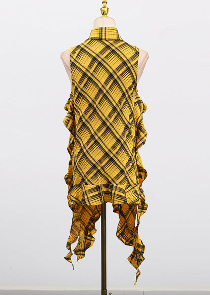 Style Yellow Asymmetrical Ruffled Plaid Cotton Blouse Top Sleeveless