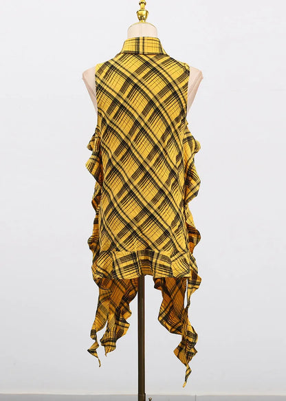 Style Yellow Asymmetrical Ruffled Plaid Cotton Blouse Top Sleeveless
