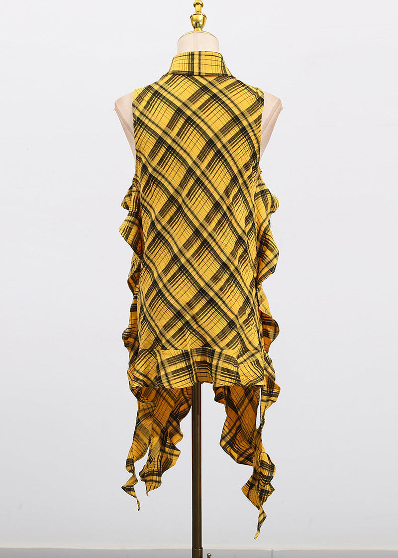 Style Yellow Asymmetrical Ruffled Plaid Cotton Blouse Top Sleeveless