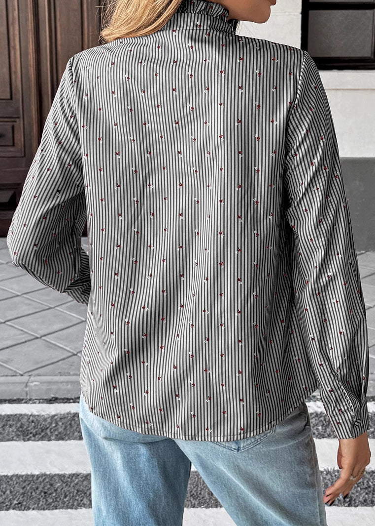 Red Ruffled Striped Patchwork Cotton Shirt Top Fall