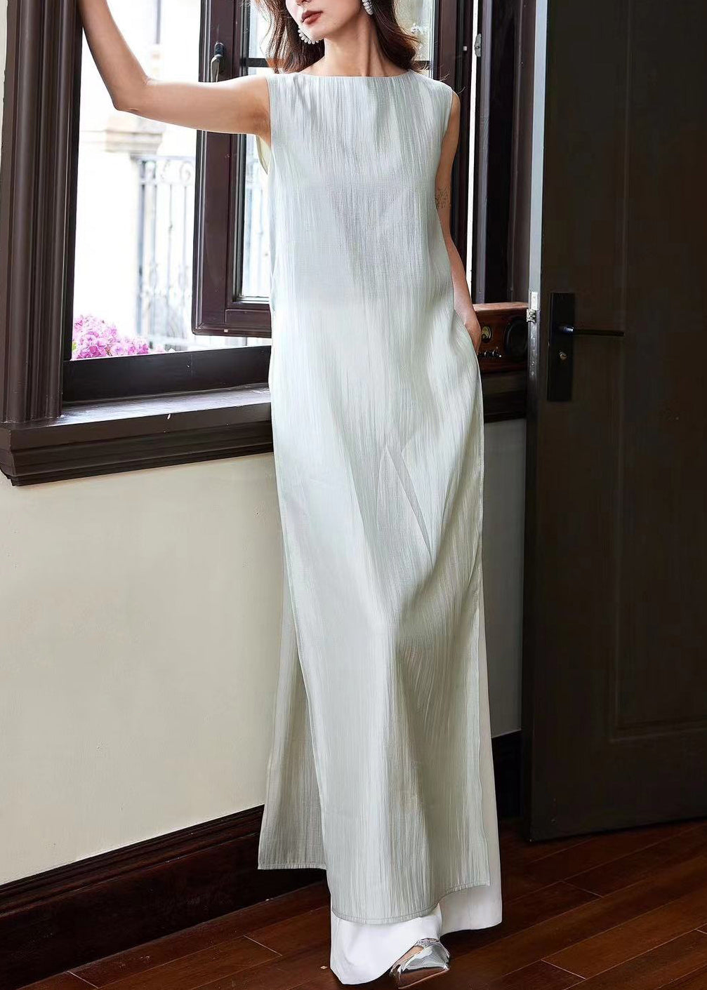 Italian Blue Side Open Tops and White Pants Cotton Two-piece Set Sleeveless