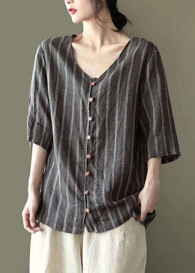 Grey V Neck Striped Button Linen Shirts Half Sleeve