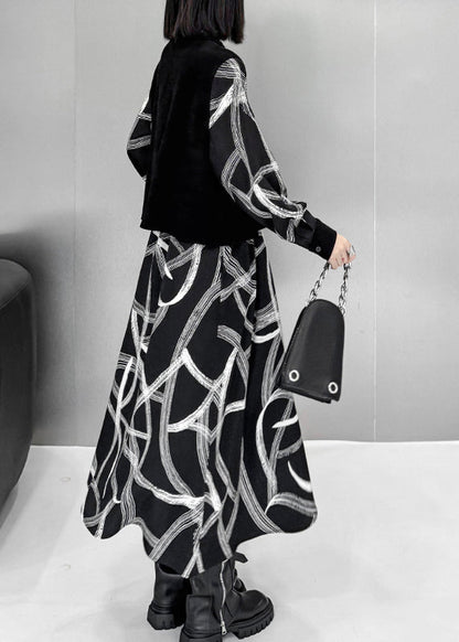 Black False Two Pieces Patchwork Cotton Dresses Fall