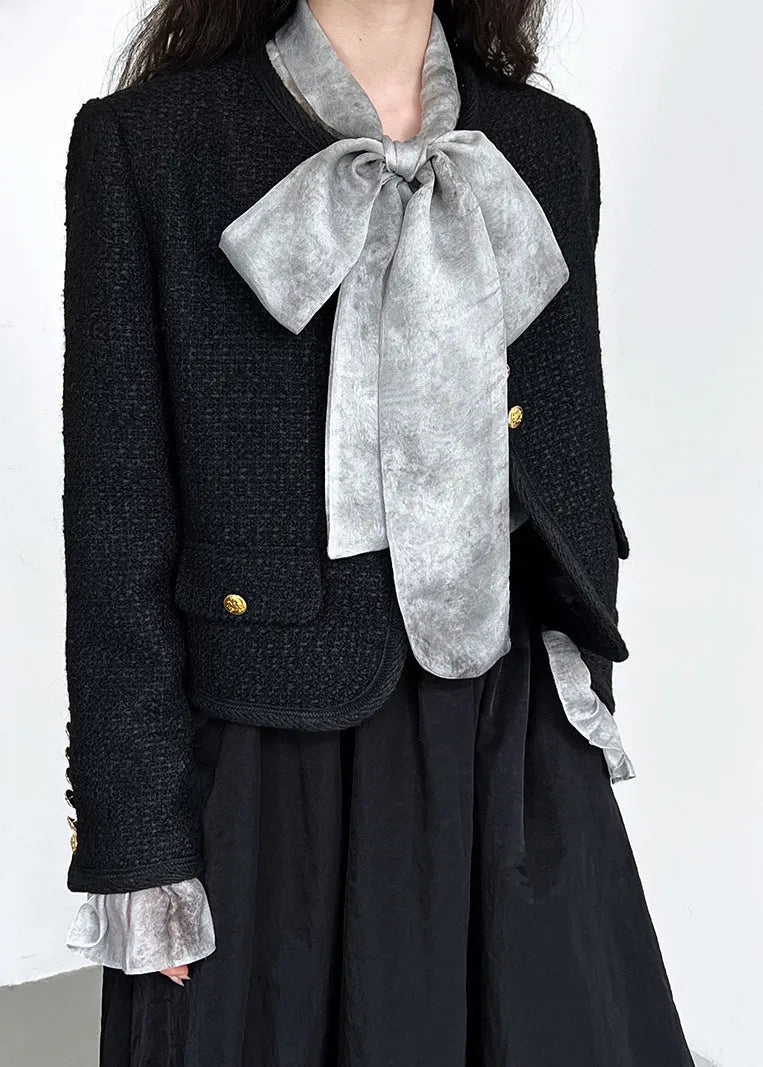 Black O-neck Button Woolen Coat Long Sleeve
