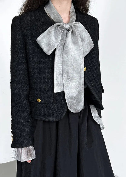 Black O-neck Button Woolen Coat Long Sleeve