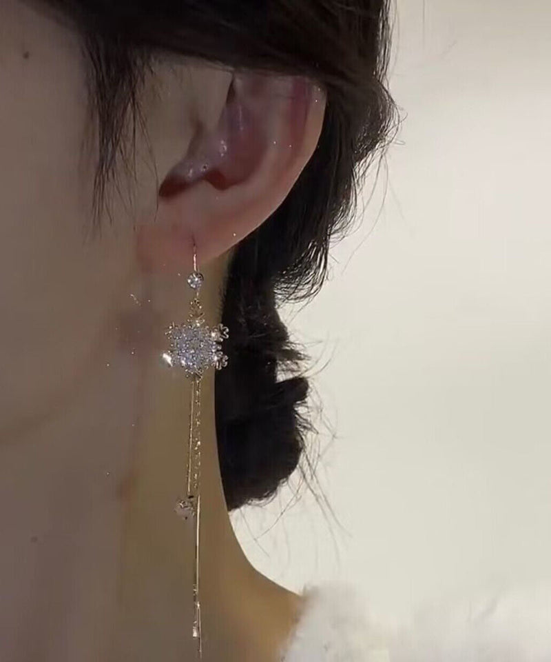 Diy Gold Alloy Zircon Snowflake Tassel Drop Earrings