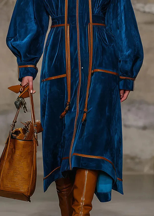 Stylish Blue Hooded Patchwork Velvet Long Coats Fall