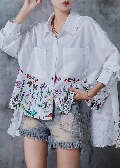 White Oversized Dandelion Print Cotton Shirt Tops Spring