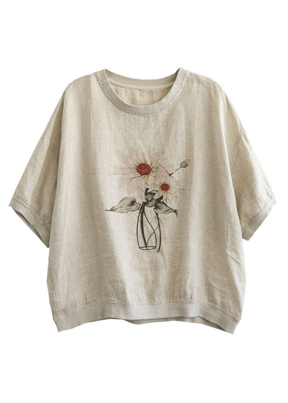 Stylish Linen Color O-neck Oversized Print Linen Tank Tops Short Sleeve