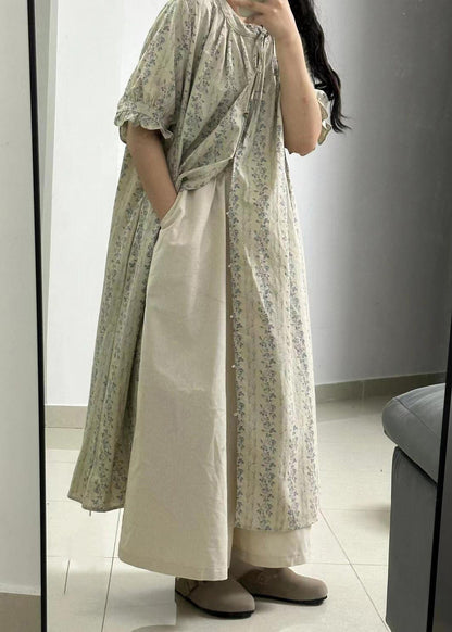 Light Green Print Button Long Dress and Skirts Two Piece Set Short Sleeve