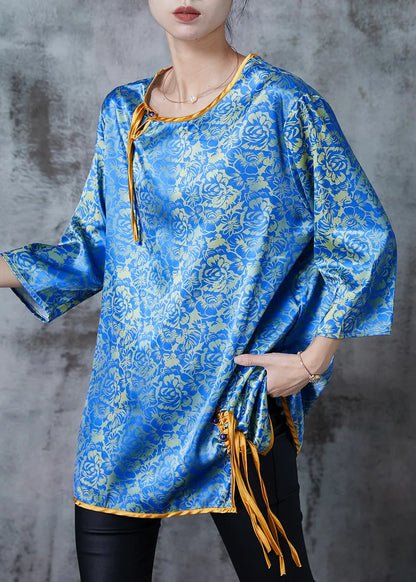 Blue Tasseled Print Silk Blouses Bracelet Sleeve
