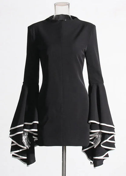 Original Design White Stand Collar Patchwork Vacation Mid Dresses Petal Sleeve