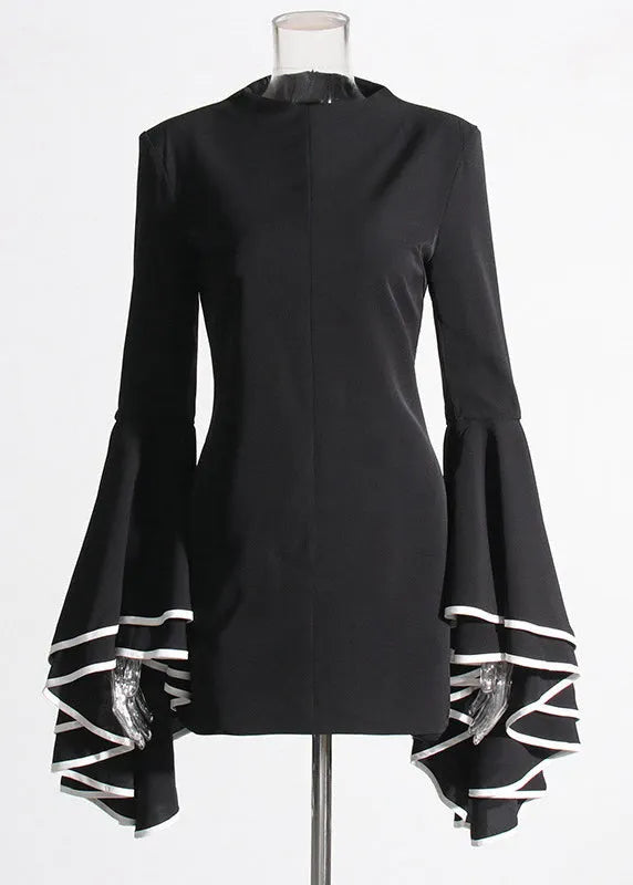 Original Design White Stand Collar Patchwork Vacation Mid Dresses Petal Sleeve