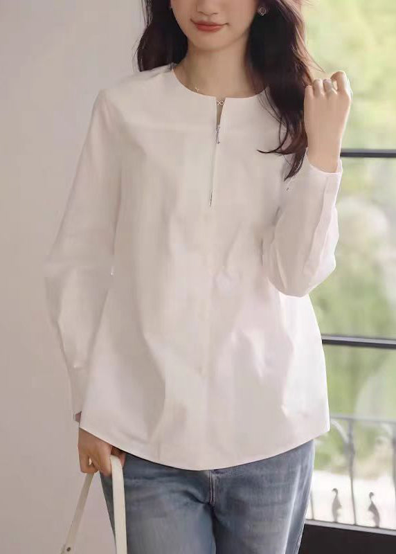 White O-neck Zip Up Cotton Shirt Fall