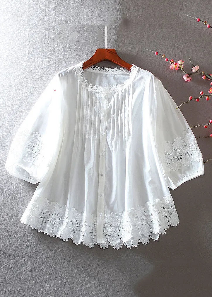 White Button Hollow Out Lace Patchwork Shirt Bracelet Sleeve