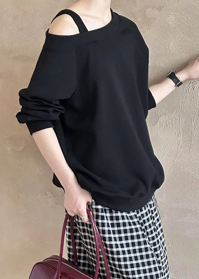 Black Cold Shoulder Cotton T Shirts Fall