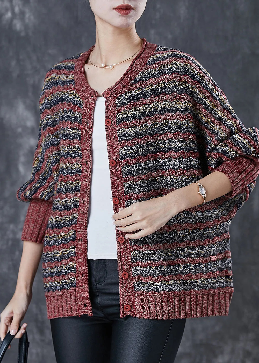 Brick Red Oversized Striped Knit Cardigans Spring