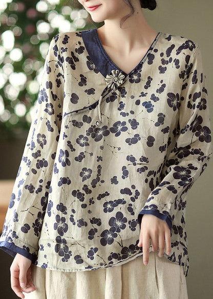 Navy Linen Tops Long Sleeve