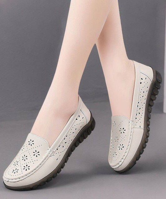 Hollow Out Flat Feet Shoes Beige Cowhide Leather