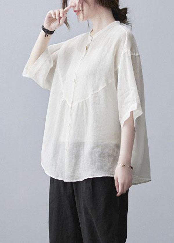 White Stand Collar Button Summer Cotton Linen Blouses