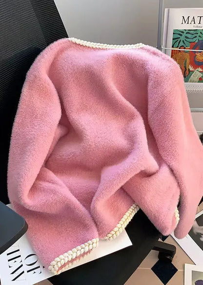 Pink Pockets Button Mink Hair Knitted Coat Fall