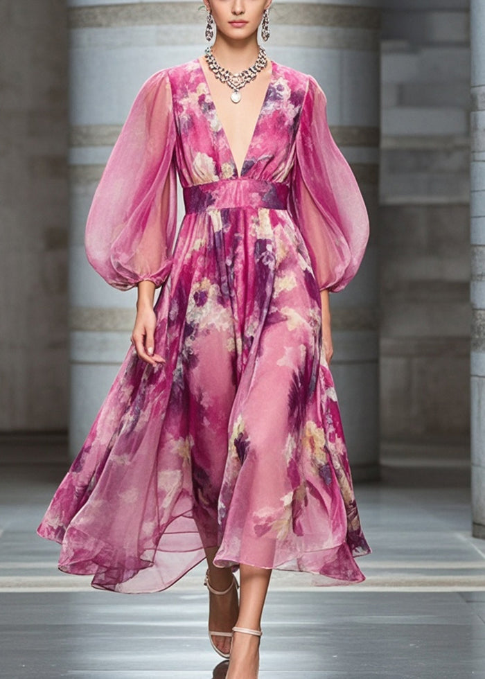 Rose Cinched Print Chiffon Robe Dresses Bracelet Sleeve
