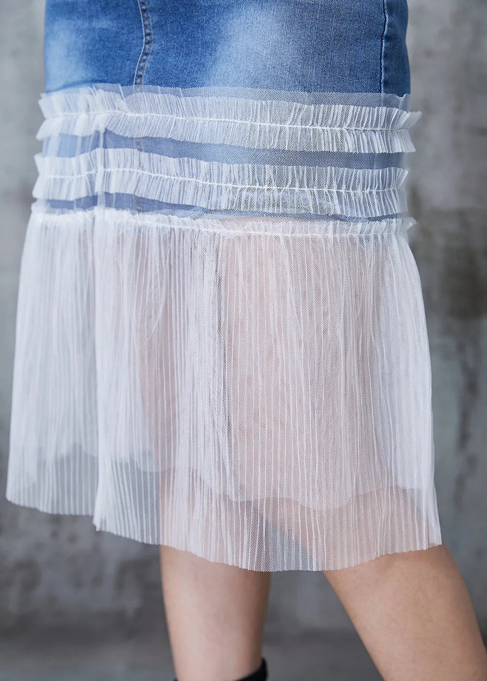 Denim Blue Ruffled Patchwork Tulle Skirt Summer