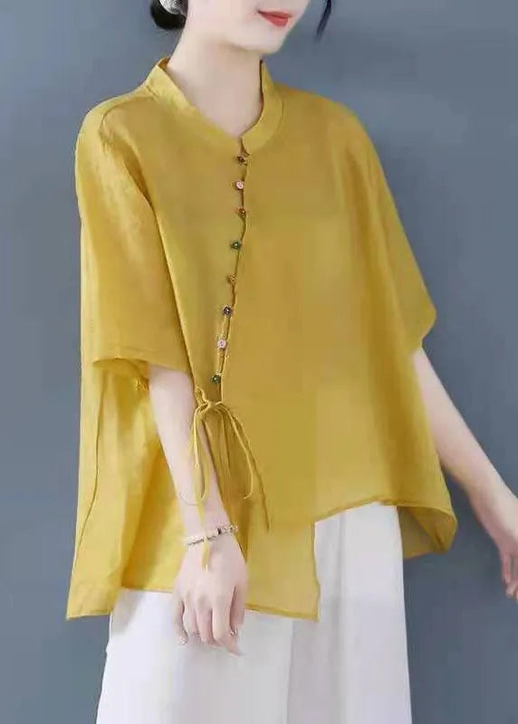 Yellow Stand Collar Asymmetrical Design Shirt Top Half Sleeve