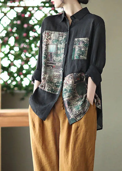 Black Peter Pan Collar Print Linen Shirt Long Sleeve