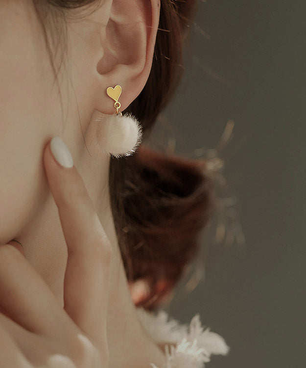 White Sterling Silver Olil Drip Love Hairball Drop Earrings