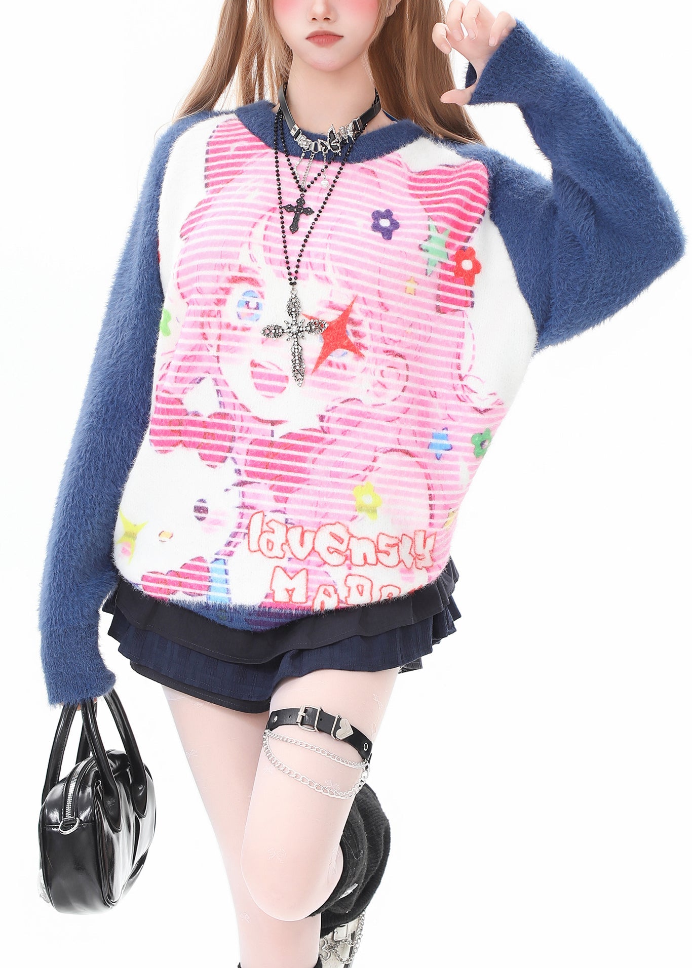Stylish Pink Oversized Print Knit Pullover Winter