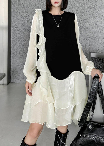 Apricot Ruffled Organza Patchwork Cotton Dress Fall