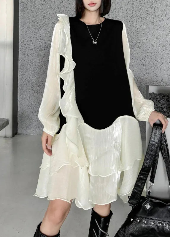 Apricot Ruffled Organza Patchwork Cotton Dress Fall
