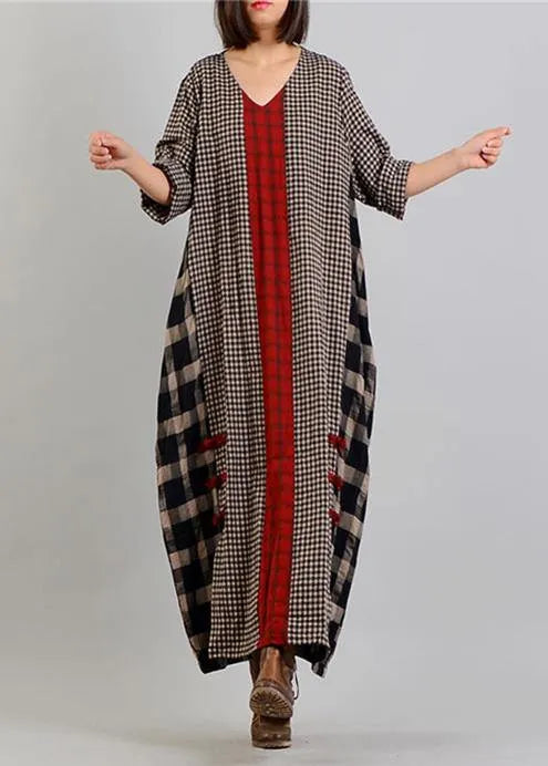 V Neck Patchwork Cotton Linen Spring Quilting Clothes Tunic Tops Plaid Dresses