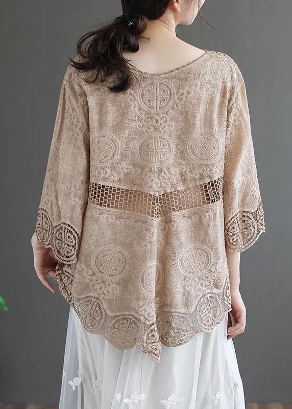 Stylish Khaki O-neck Embroidered Summer Asymmetrical Design Top