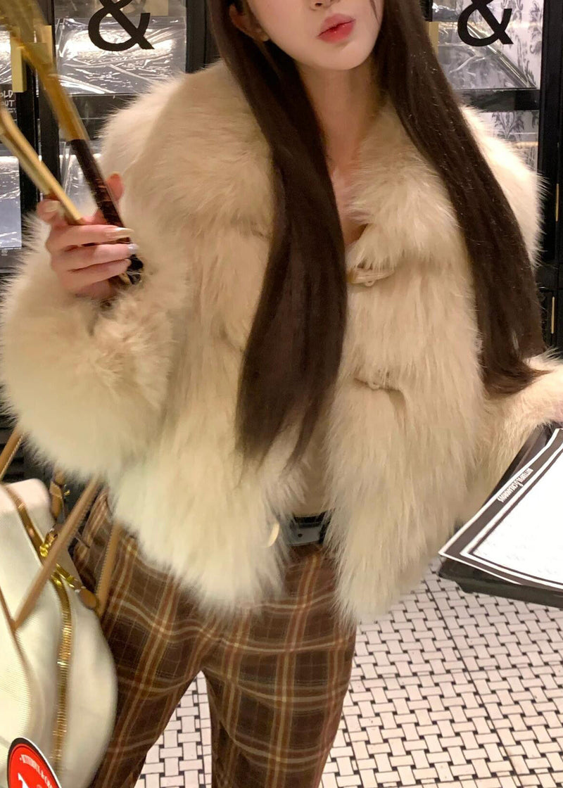 French Apricot Peter Pan Collar Button Leather and Fur Coat Spring