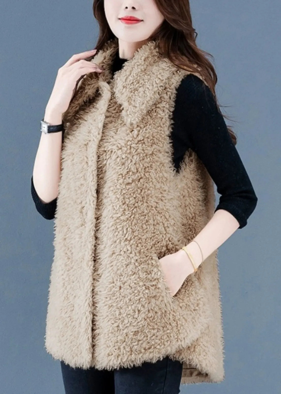 Beige Button Pockets Teddy Faux Fur Waistcoat Sleeveless