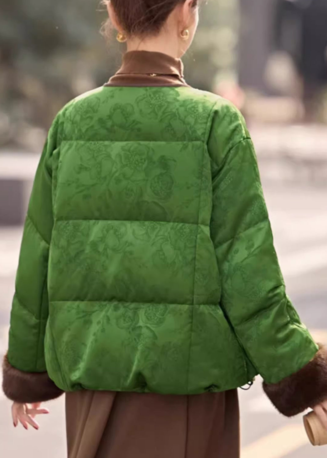 Loose Green O Neck Fluffy Patchwork Down Coats Winter