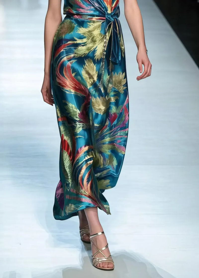 Peacock Green Phoenix Print Silk Cami Dress Summer