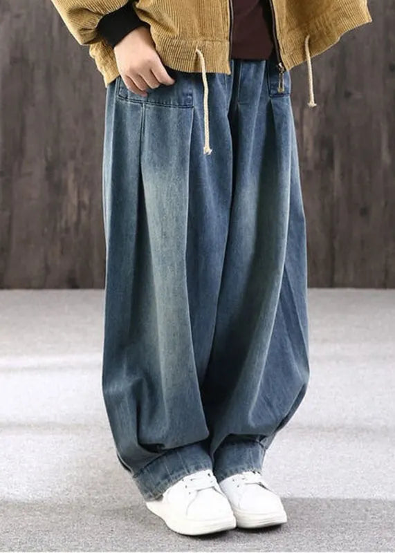 Blue Patchwork Pockets Denim Lantern Pants Summer