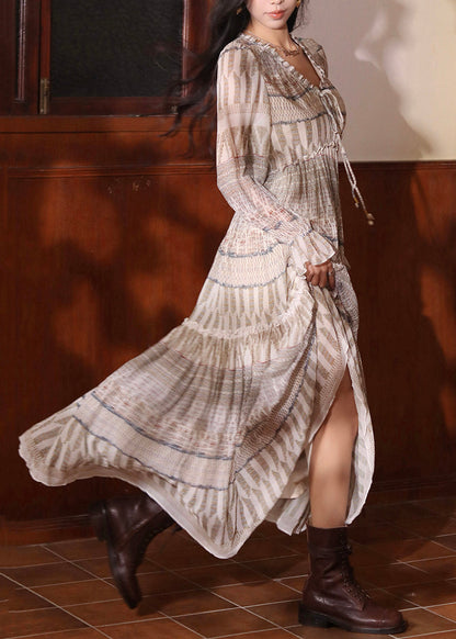 Ruffled Print Lace Up Cotton Maxi Dresses Flare Sleeve